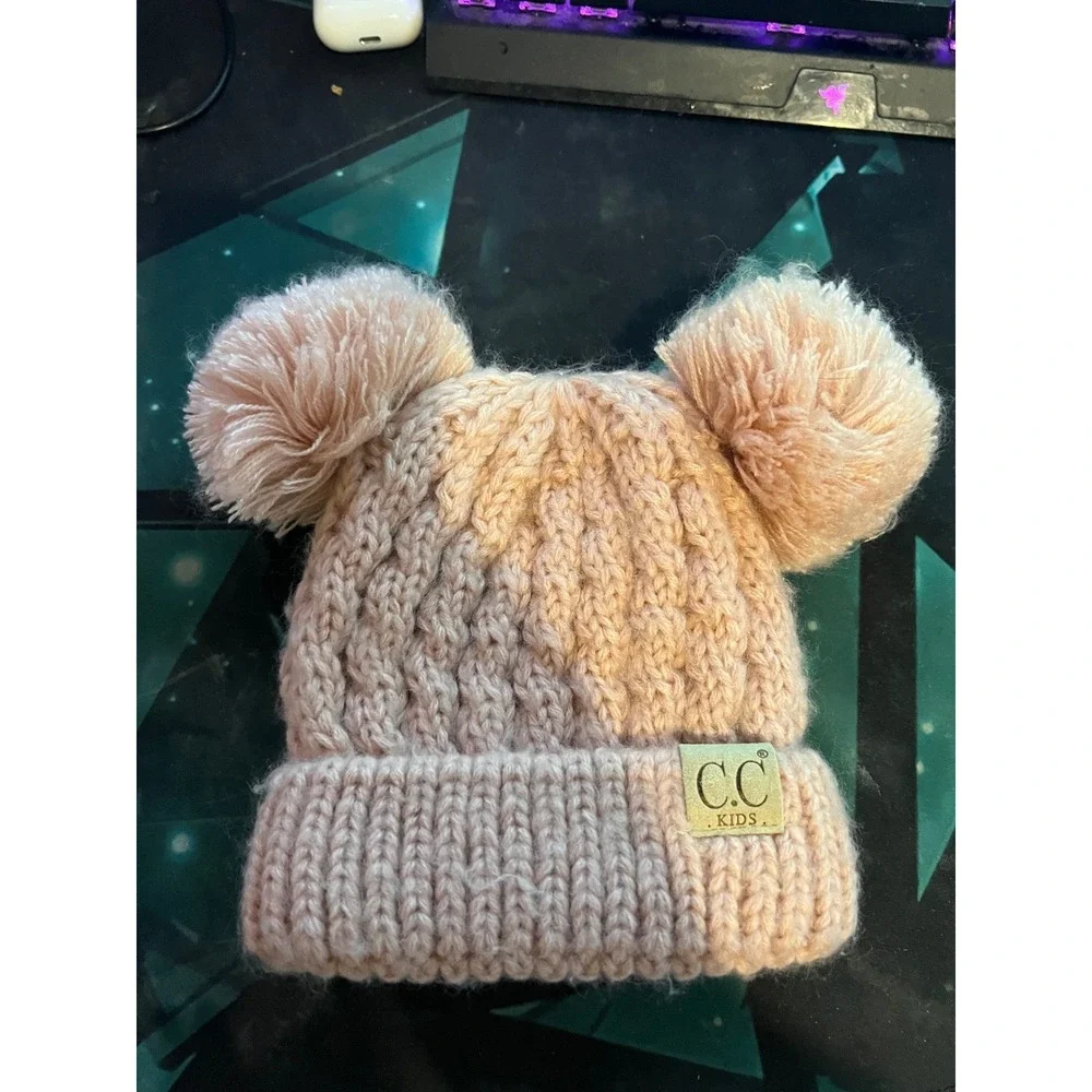 CC Kids Double Pom Pom Beanie Pink Cable Knit Winter Hat Ribbed Cuff Peach